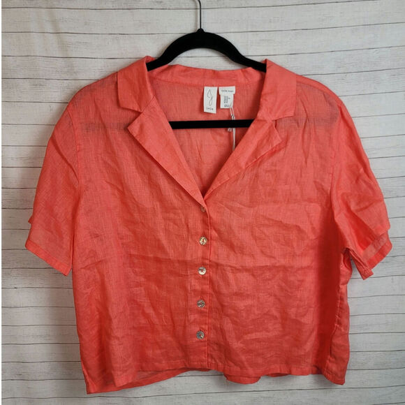 Joie 100% Linen Button Up Crop Short Sleeve in Coral, sz XL - Picture 1 of 9
